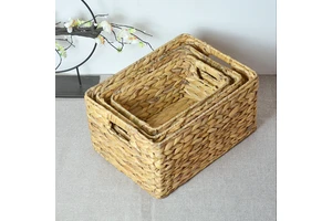 Hand-Woven Willow Rattan Pastoral Style Multi-Purpose Nesting Rectangular Storage Basket Set for Home Closet Organization