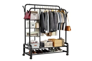 Double Rods Garment Rack With Wheels, Clothing Rack For Hanging Clothes