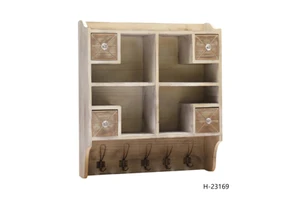 Wooden Wall-mounted Single-tier Classic Organizing Shelves and Cabinets with Drawers Metal Hooks for the Countryside