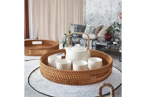 Handwoven Round Rattan Basket Tray with Handles Woven Storage Bin for Living Room Kitchen Bedroom Decor