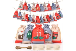 Christmas Linen Drawstring Bag Advent Calendar Countdown Set 24 Bags 24 Clips Hemp Rope Custom Logo Candy Packaging Holiday
