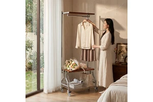 Floor-standing Wood Coat Rack Medieval Style Movable Pulley System Living Room Storage Shelf for Used Clothes