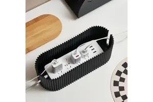 Modern Standing Plastic Cable Management Box with Bamboo Cover, Plug Cable Container Organiser for Wire & Cord Storage