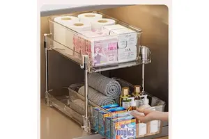 2 Tier Clear Under Sink Organizer, Pull Out Drawer Storage Rack, Multi-Purpose Sliding Cabinet Basket for Kitchen Bathroom