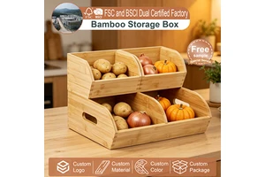 FSC Stackable Bamboo Food Storage Container Pantry Organizers Fruit Basket With Handle For Kitchen Countertop Fruits Vegetables
