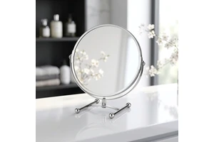 High Quality Custom Logo Chrome Finish Dual Sided Round Desktop Metal Table Stand Cosmetic Mirror Iron Makeup Mirror For Home