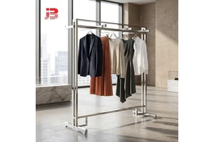 Modern Polished Stainless Steel Double Bar Garment Rack Floor Standing Clothing Display Rack with Wheels for Boutique