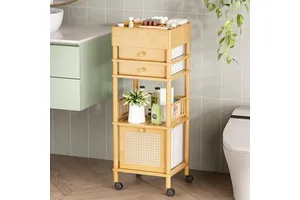 Bamboo 5-Layer Rolling Vanity Organizer Cart Floor Storage for Skin Care Makeup Nail Polish Perfume Hair Tools Bathroom Bedroom