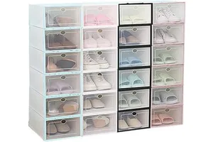 Household Multi-Color Foldable Plastic Storage Box Stackable Shoe Organizer with Drop Front Access for Home Use