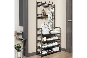 4-Tier Coat and Shoe Rack with 8 Hooks Entryway Organizer for Living Room Bedroom Office Storage Space Saving Coat Rack