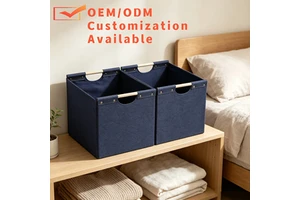 Navy Blue Fabric Cube Storage Bins With Wooden Handles, Foldable Closet Organizer Baskets, Factory Direct Wholesale, OEM/ODM