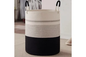 Foldable Woven Clothes Toys Towels Home Use Cotton Rope Laundry Round Fabric Storage Basket With Handles