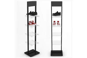 Custom 4 Tiers Metal Floor Standing Kids Shoe Stand Display With Acrylic Shelves