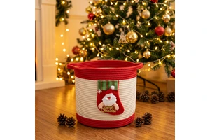 Festive Santa Stocking Cotton Basket Decorative Woven Storage Bin for Christmas Home Decor and Toy Storage