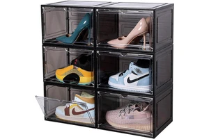 Pack 12 Stackable Clear Shoe Storage Organizers 9.1\" X 13.1\" X 5.6\" Rectangular Shoe Boxes for Closet Sneakers Injection PP