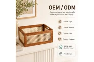 Bedroom Closet Kitchen Countertop Organizer For Household Display Customizable Dark Walnut Frame Woven Rattan Storage Basket