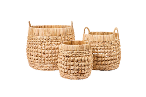 Wholesale Round Woven Water Hyacinth Basket with Braided Handles Natural Fiber Storage Basket for Laundry Toys Home Organization