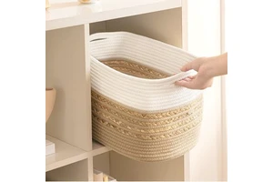 Cross-border Cotton Rope Woven Handheld Storage Basket-Foldable Stackable 29L Capacity Modern Minimalist Design Cosmetics Large