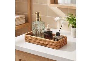 CF Handwoven Rectangular Rattan Storage Tray Eco-Friendly Woven Bathroom Vanity Organizer Tank Top Basket For Home Hotel Sp