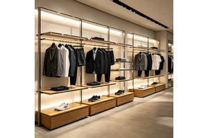 Custom Light-luxury Brushed Stainless Steel Wood Wall-mounted Lighting Suit Display Rack Cabinets Showcase For Apparel Stores