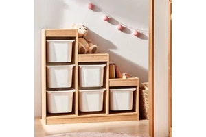 Montessori 6 Compartments Children Playroom Storage Cube Wooden Kid Toy Organizer Cabinet With Plastic Bins