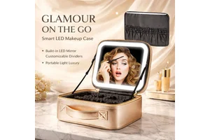 Custom Logo Waterproof Large PU Leather Travel Train Cosmetic Make up Case Makeup Bag with LED Lighting Mirror for Women