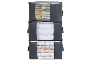 Breathable Wardrobe Organizer Bag with Handle Clear Window Non-woven Clothes Storage Bags Grey 180g Clothing PVC Foldable Square