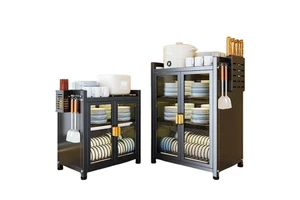 Large Capacity Metal Carbon Steel Double Tier Standing Multifunction Kitchen Storage Cabinet Bowls Dishes Dustproof Doors
