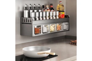 High Quality Glossy Grey Craft Wall Mounted Non-Folding Single Tier Rectangle Multi-functional Modern Kitchen Spice Storage Rack