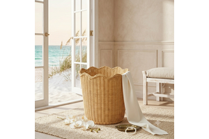 100% Natural Premium Rattan Wicker Woven Basket Cylindrical Scalloped Wavy Rim Waterproof Space-Saving for Toy Clothing Storage