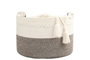 Large Woven Fabric Storage Basket with Cotton Rope Handle White Grey Blanket Nursery Toy or Living Room Laundry-Versatile Use