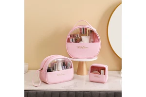 PU Waterproof 3-Piece Cosmetic Bag Set with Zipper Closure & Soft Handle Large Capacity for Travel & Makeup Storage