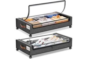 Foldable Under Bed Storage with Wheels Closet Organizer Metal Rolling Under Bed Clothing Storage Containers