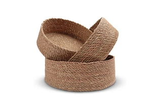 Eco-friendly Woven Storage Basket Handmade Straw Rattan Snack Storage Basket Round Cosmetic Organizer Box