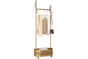 Luxury Gold Carbon Steel Coat Rack Wheels Movable Floor Standing Double Tier Multi-function Hanger for Clothes Shoes Storage