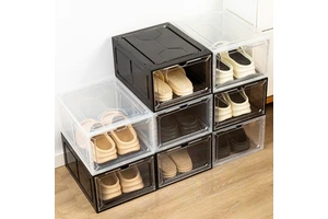 Haogle Wholesale Transparent Drop Front 4pcs Stackable Magnetic Shoe Storage Box Folding Plastic Shoe Box