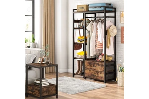 Three-Layer Freestanding Wooden Coat Rack Portable Garment Storage Shelves with Wardrobe Function