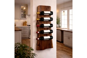 Rustic Wood Wall Mounted Wine Rack With 5 Bottle Holders For Kitchen Storage