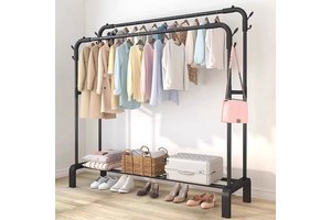 Modern Floor Iron Double Layer Coat Racks Metal Clothes Dryer Hanger Stands Bedroom Shoe Cloth Drying Rack with Wheels Shoe