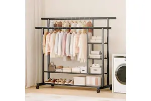 Thickened Metal Double Rod Clothes Rack with 2 Bottom & 2 Side Shelves Multifunction with Wheels for Modern Living Room Storage