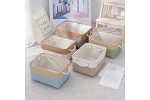 Foldable Cotton Linen Patchwork Storage Basket With Handles Thickened EVA Fabric Toy Organizer Cotton Linen Storage Basket