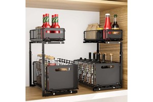 2 PACK 2 Tier L Shape Under Sink Height Adjustable Kitchen Organiser Drawer Separately Slide Storage Shelf Spice Organizer Rack