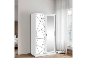 Home Cloth Storage Mirrored Sliding 2 Door Iron Almirah Metal Cabinet Custom Pattern Printing Steel Furniture Wardrobe Bedroom