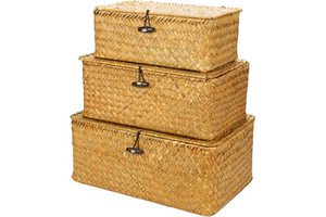 Hot Selling Set of 3 Woven Wicker Storage Bins with Lid Popular Rectangular Seagrass Basket Storage Basket with Rattan Material