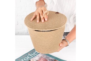 Handwoven Natural Raffia Storage Basket with Lid Round Design