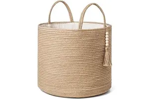 Woven Storage Basket Decorative Natural Rope Basket Wooden Bead Decoration for Blankets,Toys,Clothes,Shoes