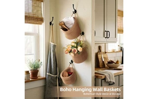 3 Pcs Hand Woven Foldable Hanging Storage Baskets Eco-Friendly Multi-functional Wall Countertop Organizer for Home Kitchen Food