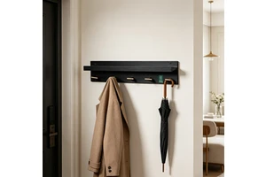 Black Bamboo Wall Mounted Shelf with Metal Hooks Multi-functional Entryway Coat Storage Board