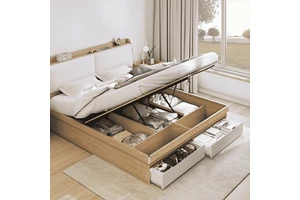 Modern Gas-Lift Storage Bed with Drawers, Hydraulic Bed Base with Headboard, Space-Saving Bedroom Furniture for Hotel Home