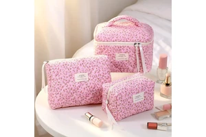 Pastel Pink Floral Makeup Bag Collection - Quilted Cotton 3-Piece Cosmetic Organizer Set